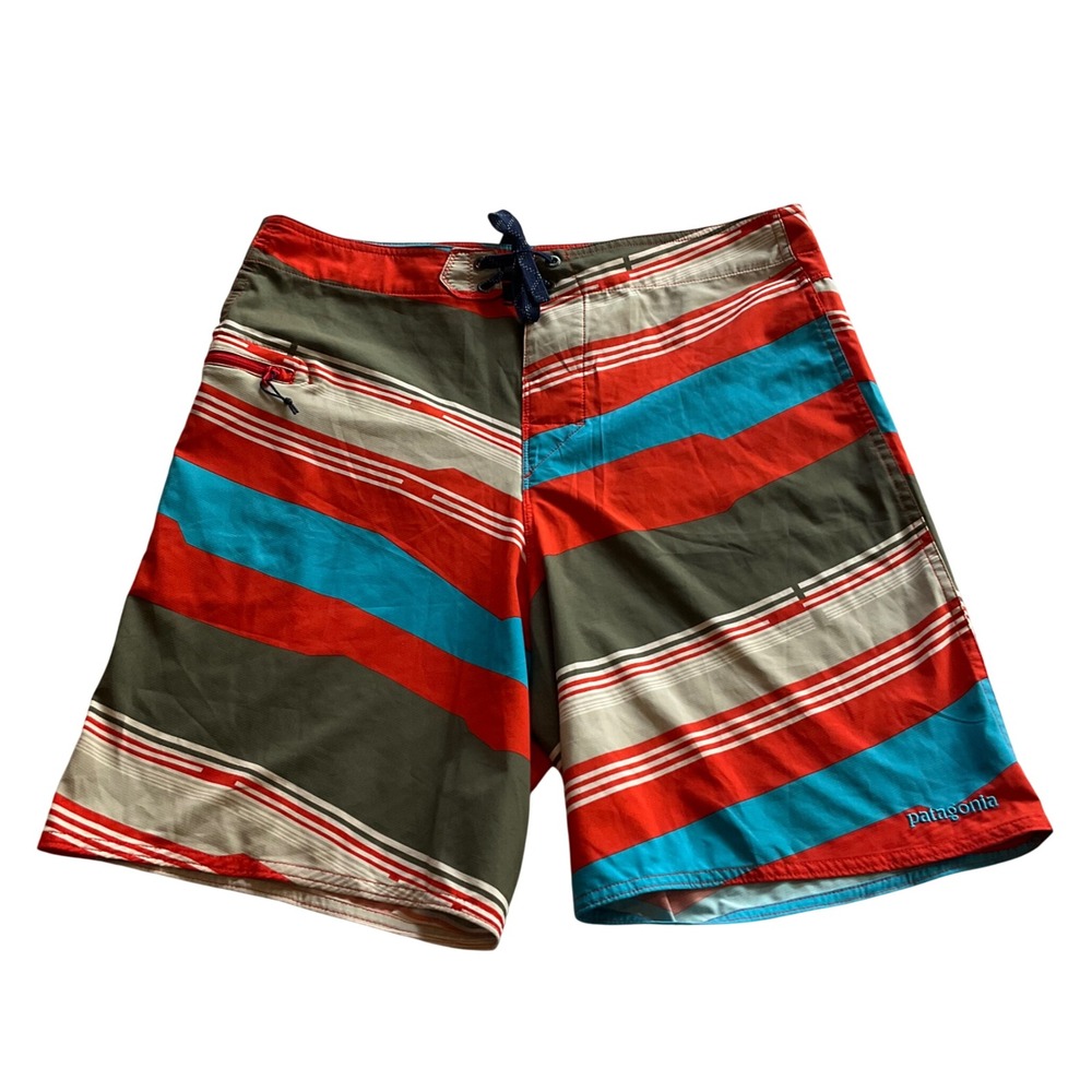 Patagonia Board Shorts Men 33 Multicolor Striped Surf Swim Trunks Zipper Pocket